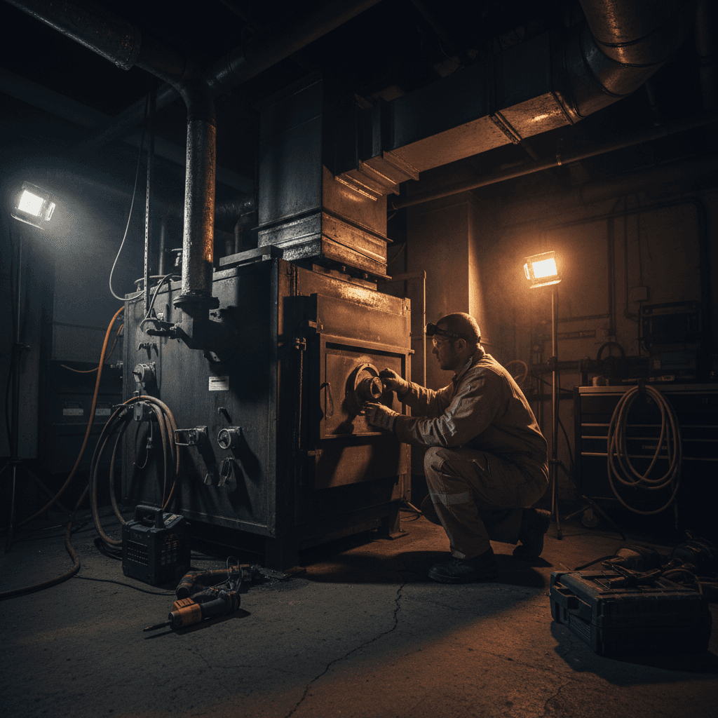 Technician servicing heating system in basement