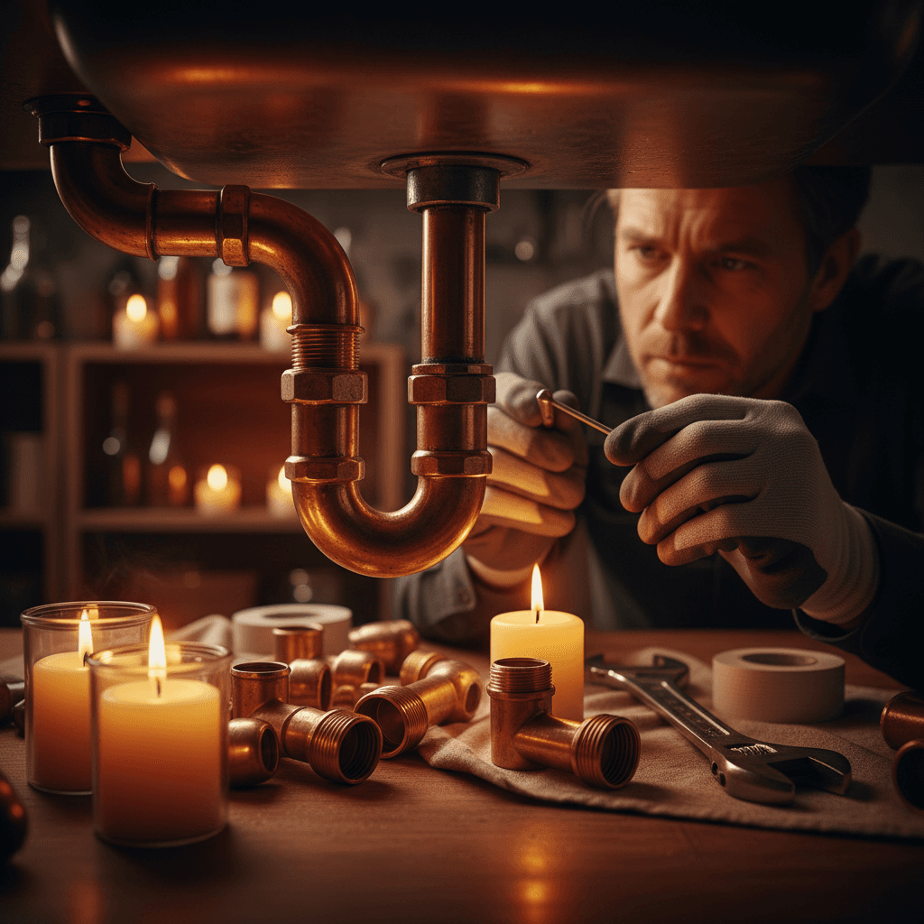 Technician inspecting plumbing pipes under sink