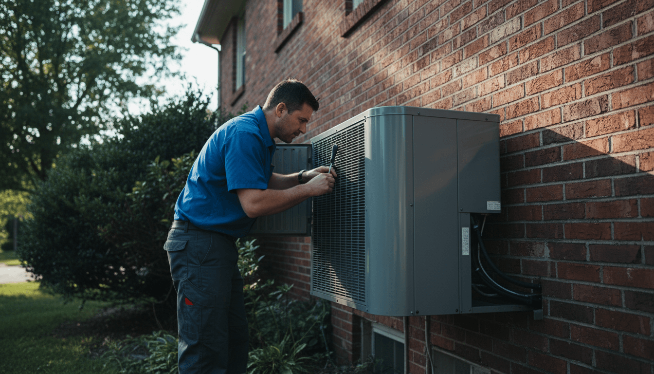 HVAC technician inspecting a heating and cooling unit at a residential home in Andover