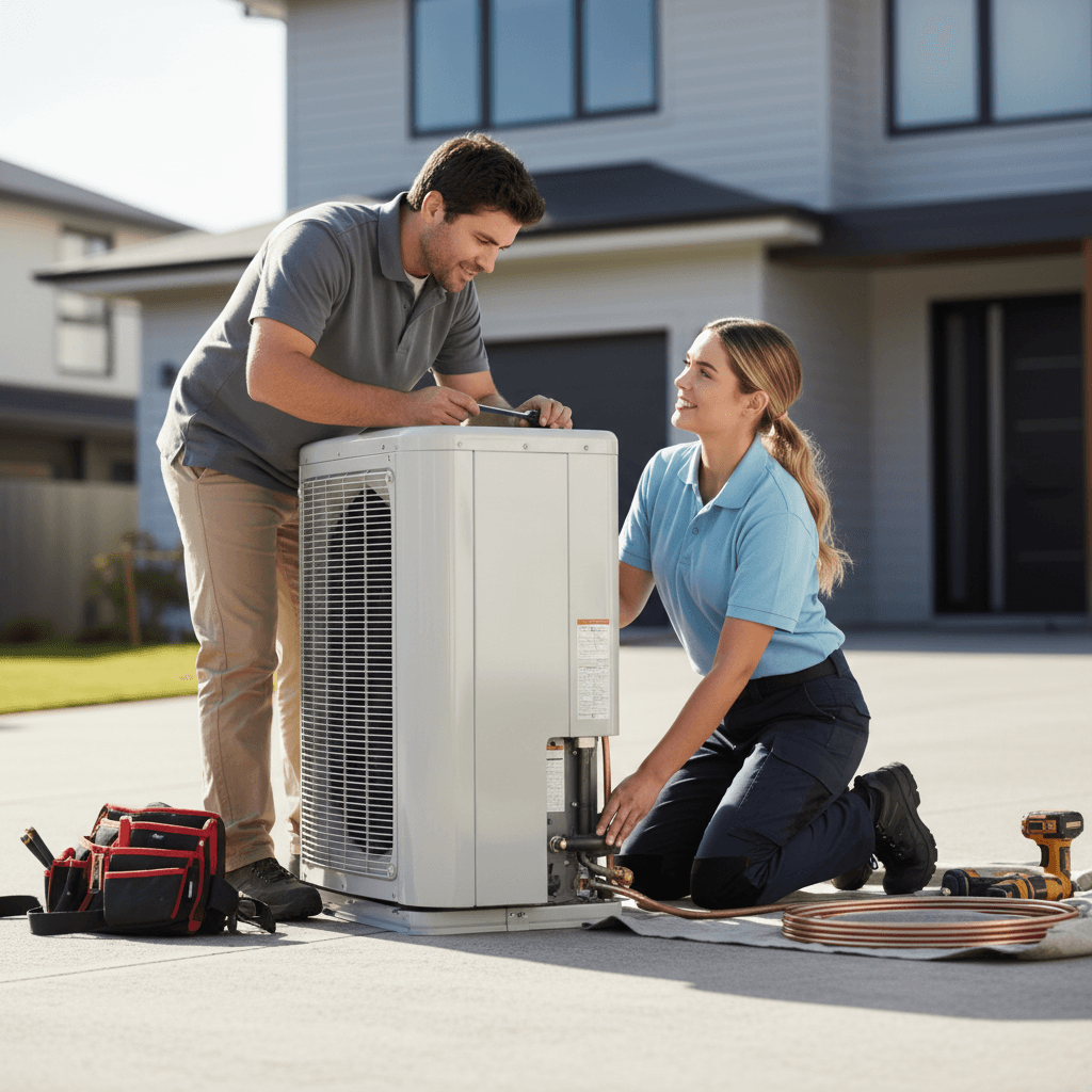 Technicians installing outdoor air conditioning unit