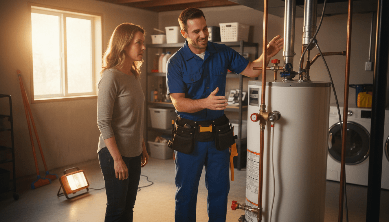 Noble Heating & Cooling technician explaining home HVAC system to customer