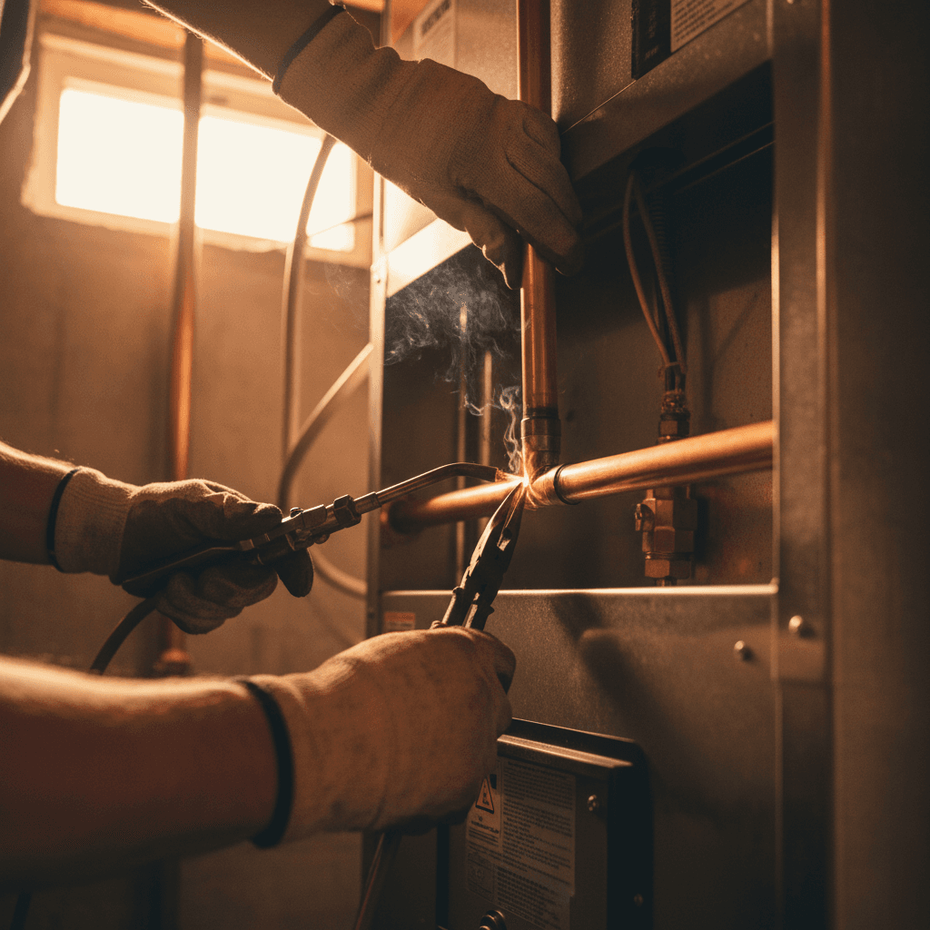 HVAC technician installing heating system in Andover home