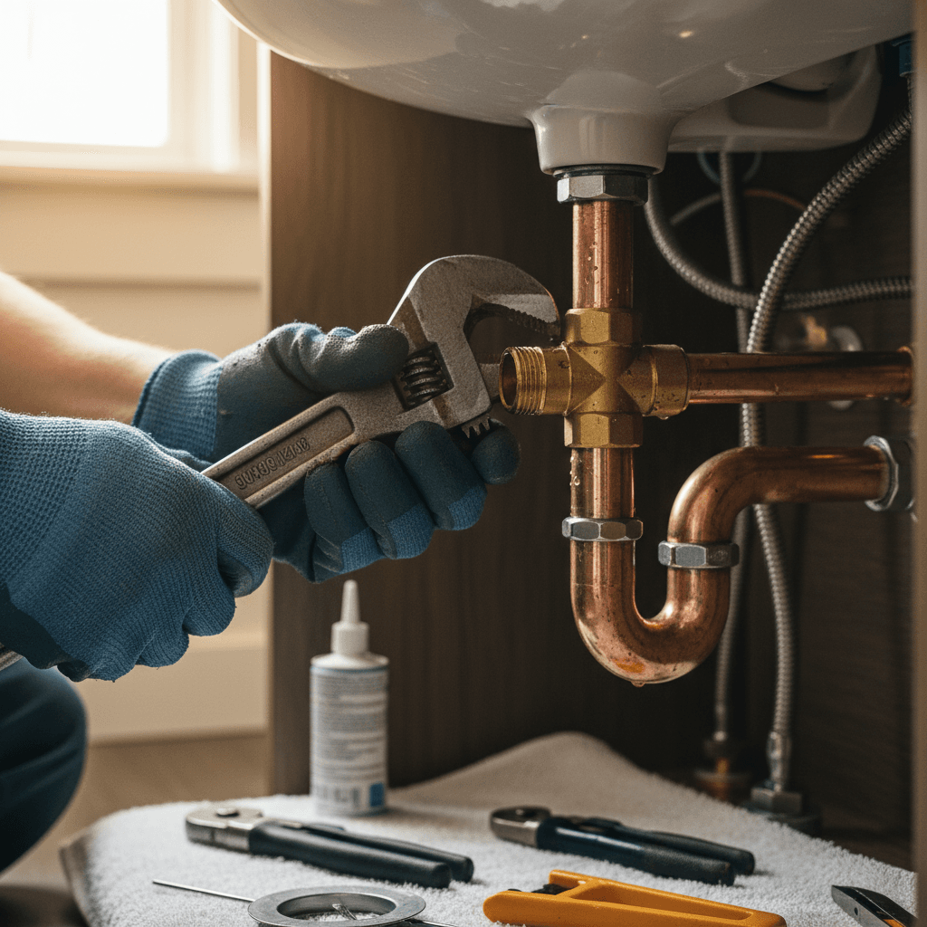 Plumber performing video pipe inspection with specialized camera equipment
