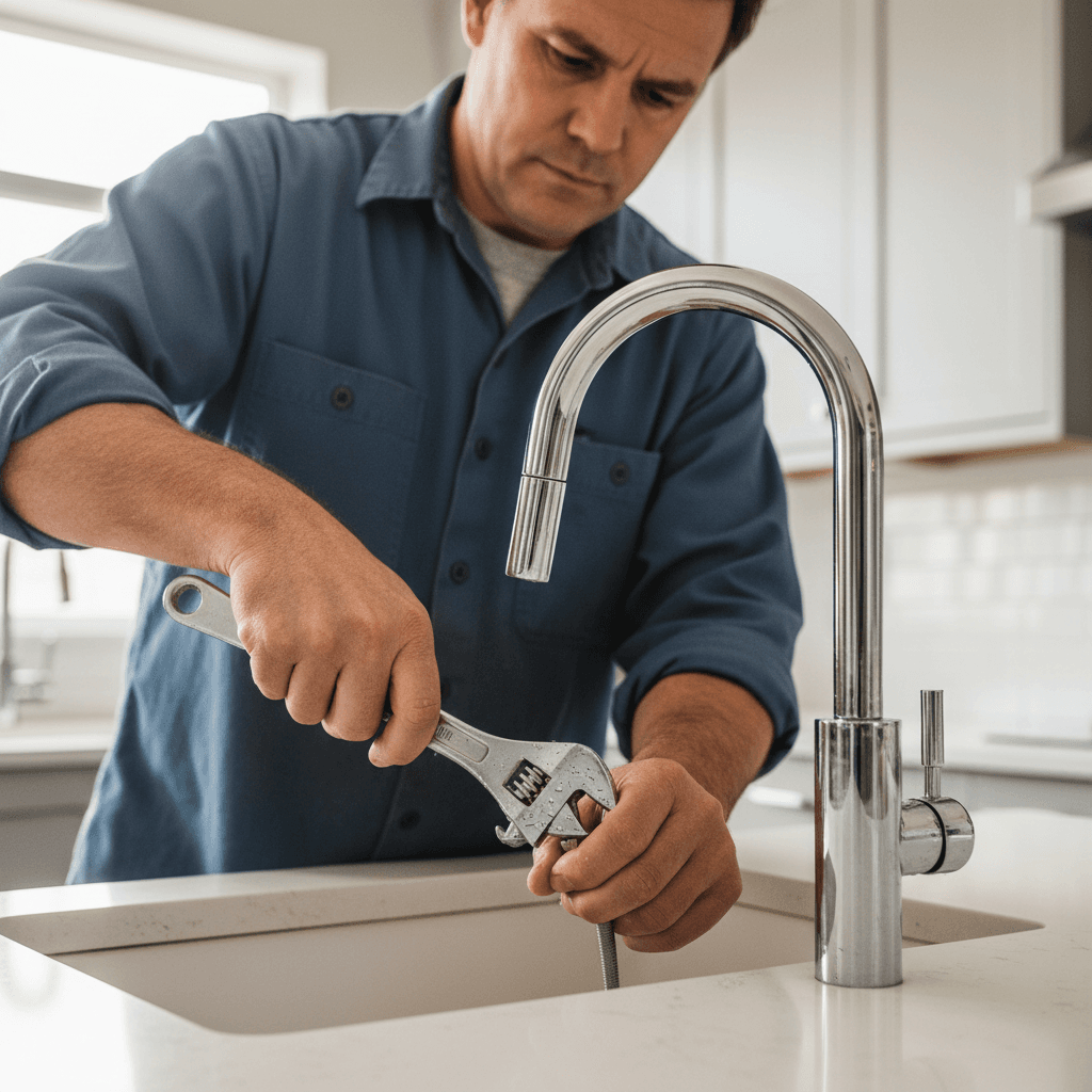 Plumber installing a new kitchen faucet with professional precision