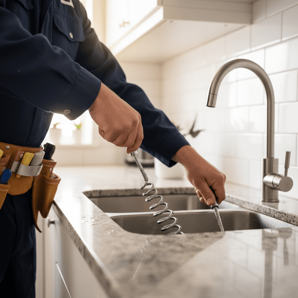 Plumber using professional drain cleaning equipment to clear clogged pipes