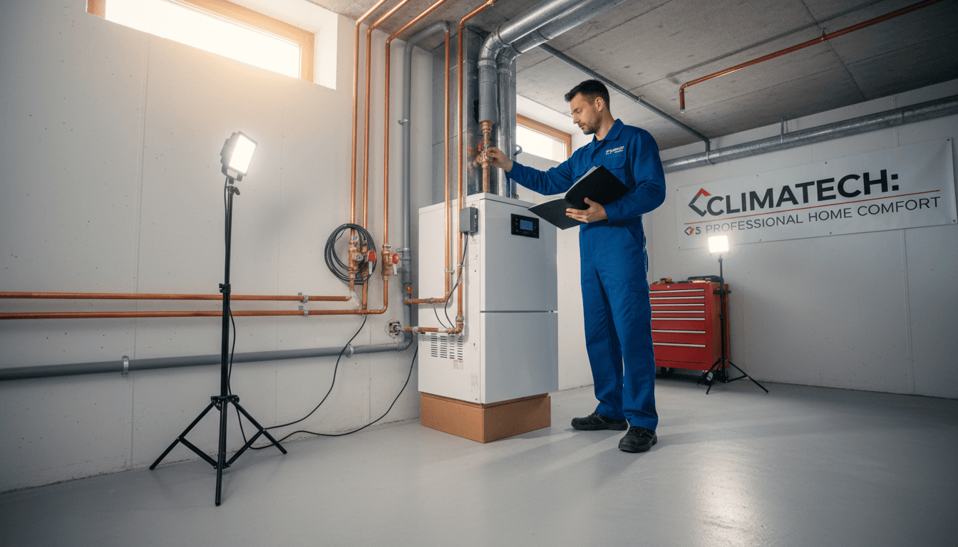 Noble Heating & Cooling technician with completed HVAC installation