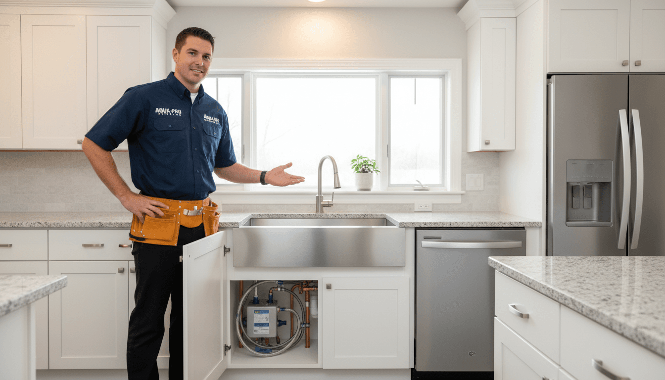 Plumbing technician completing kitchen sink installation with homeowner present