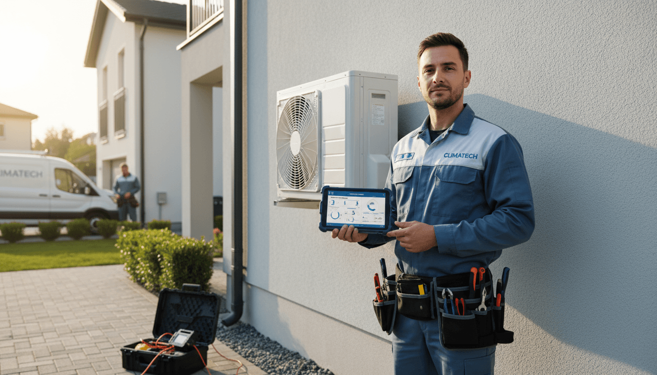 HVAC technician inspecting air conditioning unit at home