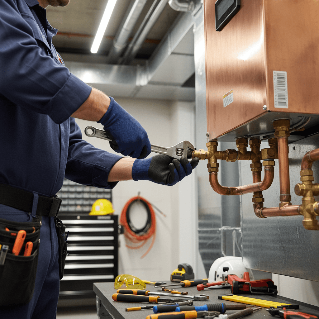 HVAC technician installing a heating system in a residential basement